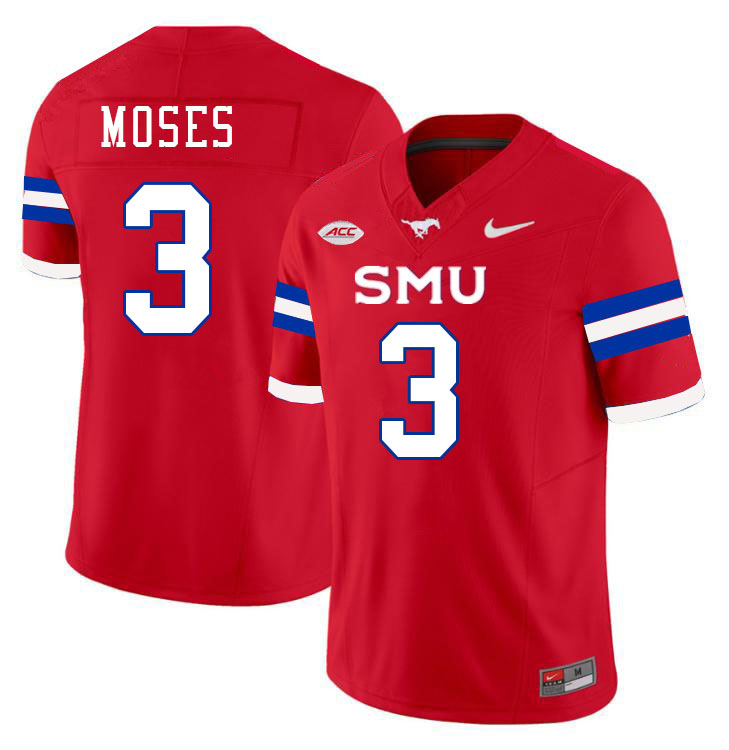 SMU Mustangs #3 Ahmaad Moses Jersey College Football Uniforms-Red